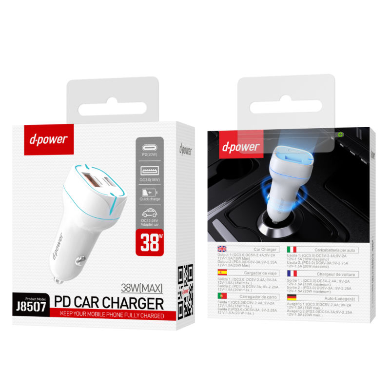 Chargeur Allume-Cigare 2 Ports USB + Type-C - D-power J8507 - Blanc — D-power · Smarty Paris 18e